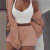 Women's Winter Warm Plush Home Wear Casual 2-Piece Pajamas Long Sleeve Exposed Navel Vest Shorts Set
