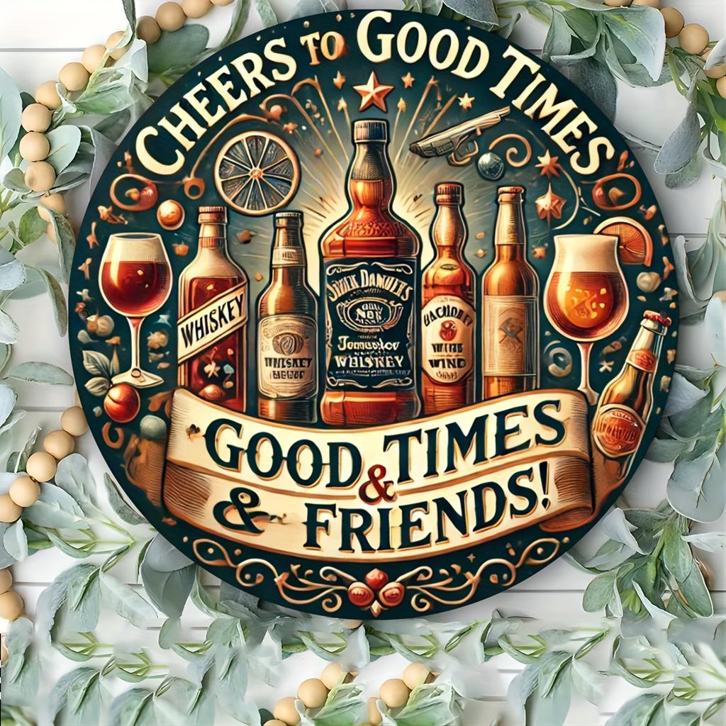 Винтажная круглая деревянная табличка Cheers & Good Friends размером 8x8 дюймов — настенное искусство в стиле ретро для баров, кафе, домов и открытых террас — состаренный вид