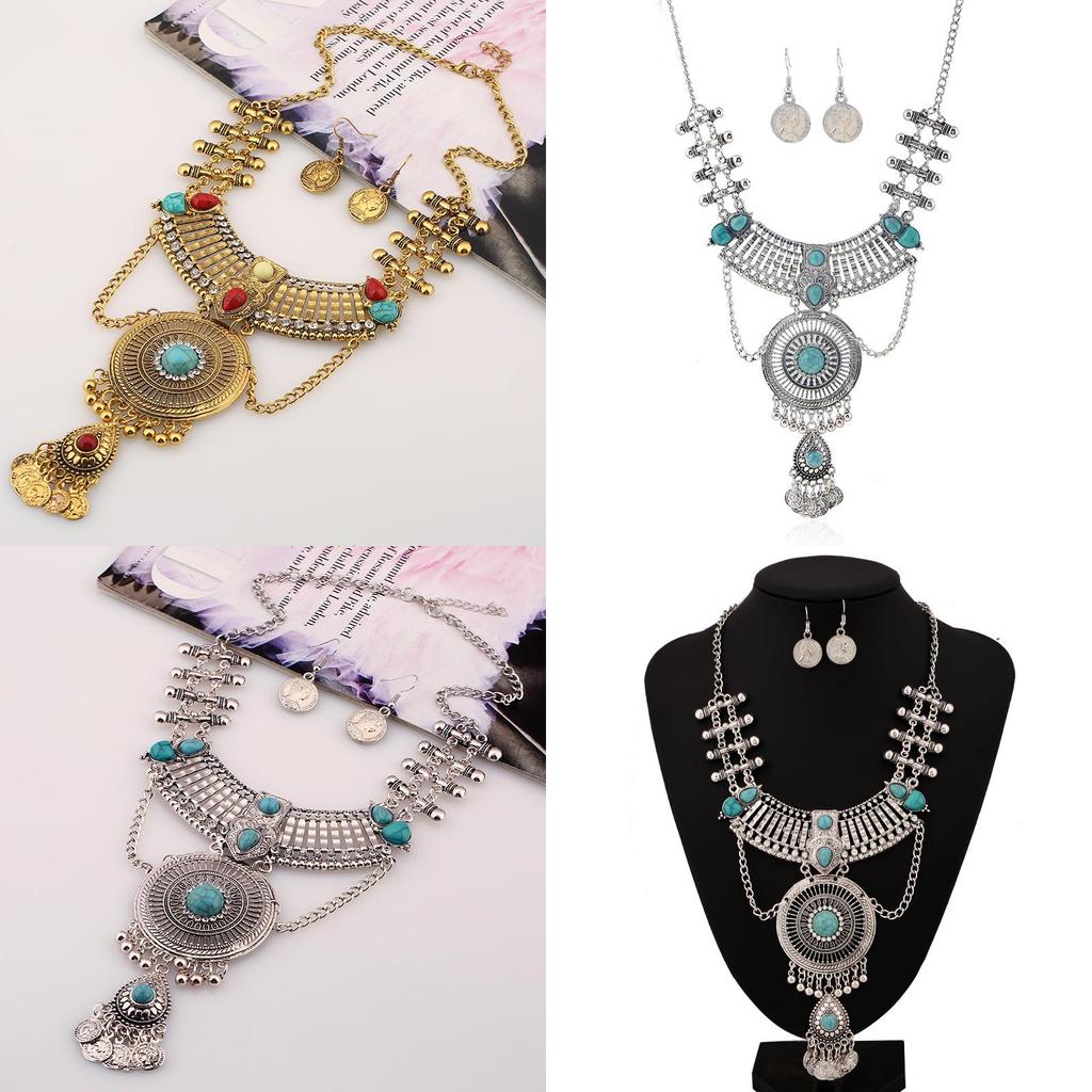 Ethnic Style Simulation Gemstone Decoration Women Necklace And Earring Set