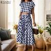 Women Short Sleeve Blouse and Long Skirts Plaid Print Two Piece Sets