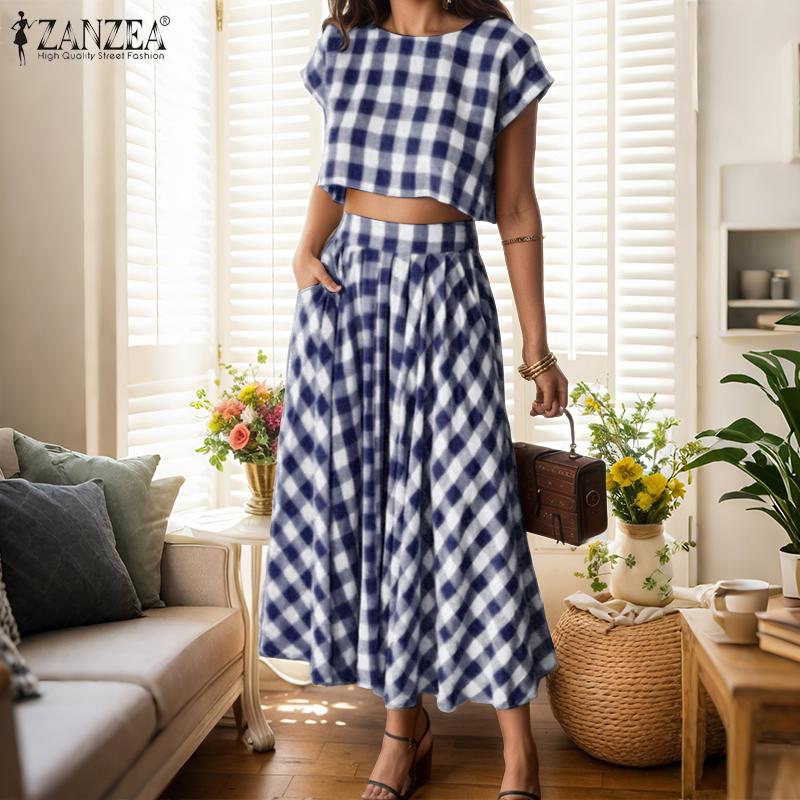 ZANZEA Women Short Sleeve Blouse and Long Skirts Plaid Print Two Piece Sets