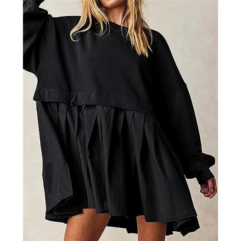 Осеннее новое свободное повседневное платье с длинным рукавом, женское элегантное лоскутное однотонное платье А-силуэта больших размеров, женское круглое шею, винтажное сексуальное короткое платье для вечеринки 25171