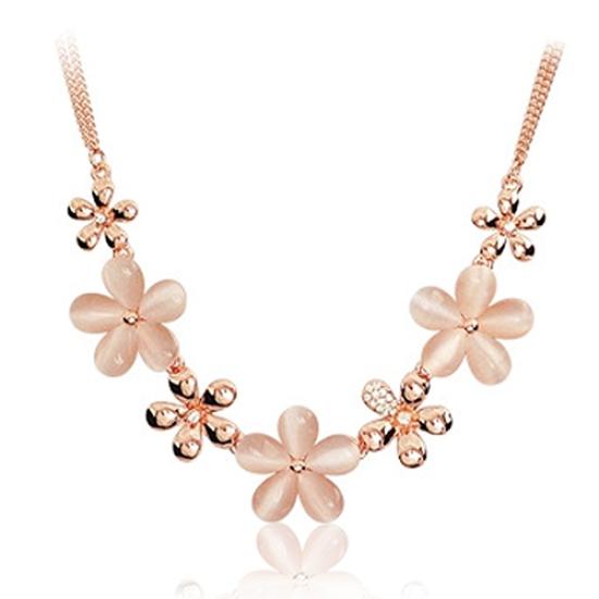 Women Chain Flower Opal Rhinestone Charm Pendant Necklace