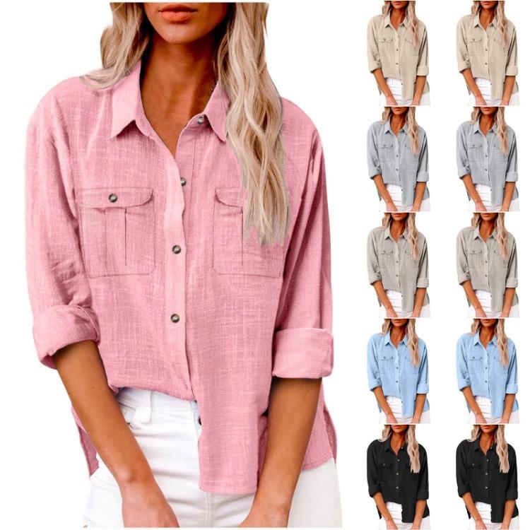 Women Casual Large Size Autumn Fashion Long Sleeve Solid Color Button Shirt Loose