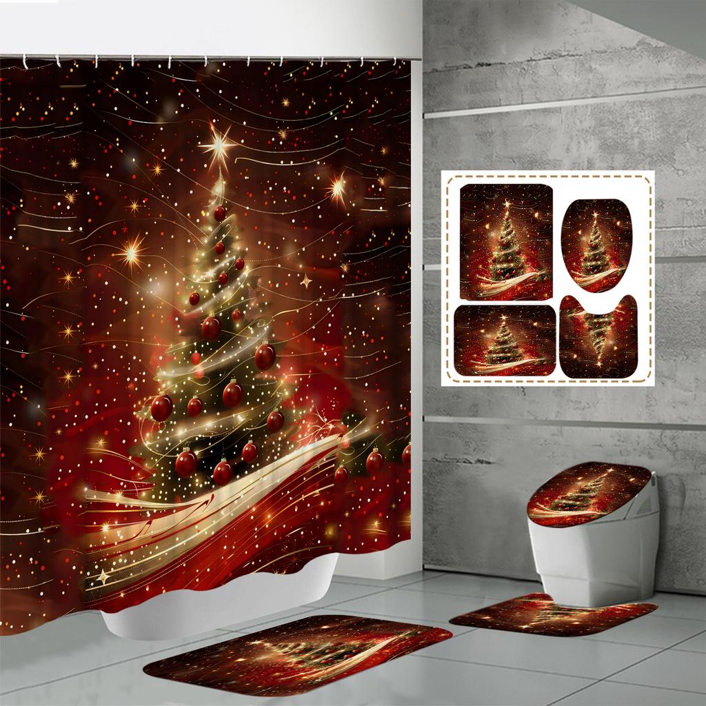 4 ШТ. Наборы штор для душа со шторкой для душа и ковриками, коврик для крышки унитаза, U-образный коврик и коврик для ванной, набор для ванной комнаты с 12 крючками