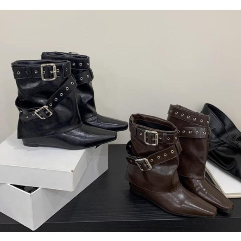 Fashion New Style Vintage Thick Heel Women Western Cowgirl Boots Fashion Belt Buckle Ladies Elegant Slip On Mordern Mid Calf Boots