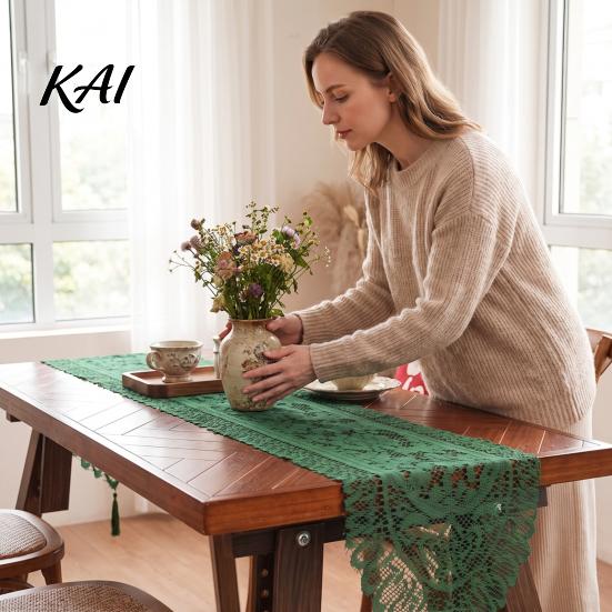 Embroidery Table Runner Retro Floral Lace Runner, Boho Rustic Tablecloth, Vintage Cover for Christmas Wedding Bridal Baby Shower Party Washable