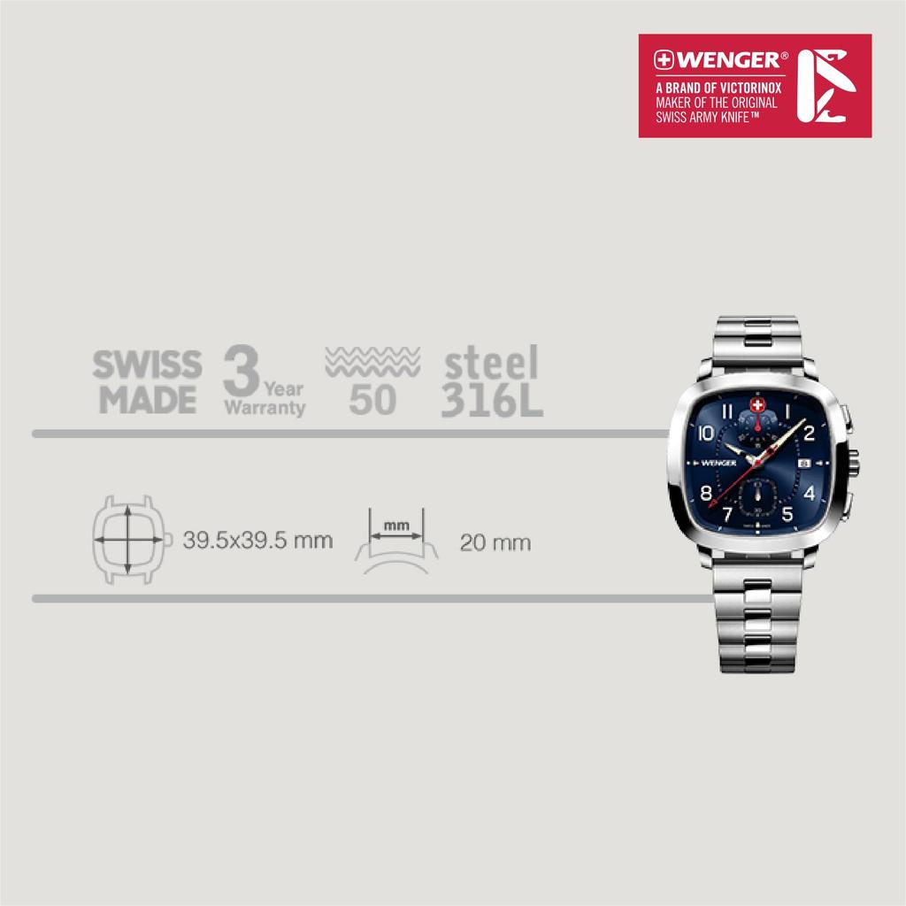 WENGER VINTAGE SPORT CHRONO Watch Chronograph Stainless Steel Case Blue Dial Silver Stainless Steel Bracelet Quartz 50m Water Resistant Gift Analog