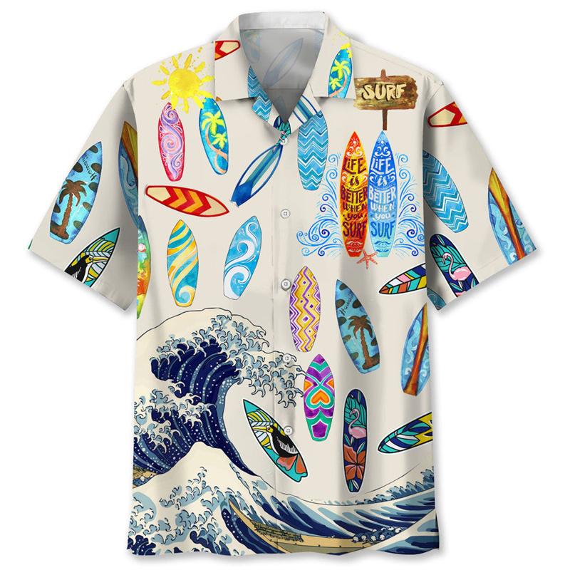 Tropical Surfing Graphic Hawaiian Shirt For Men Summer Beach 3d Printed Short Sleeves Cool Streetwear Tops Lapel Button Blouse