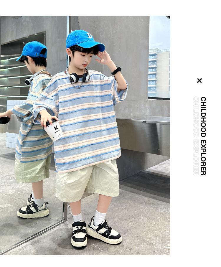 Boys' Summer Striped Short Sleeve Set 2026 New Large Children's Summer Clothes Handsome and Fashionable Trendy Boys' Summer Clothes