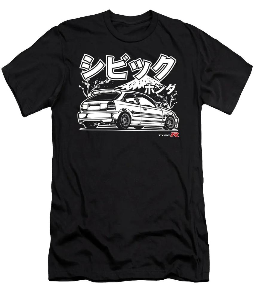 Графический принт с изображением Honda Civic Type R JDM в стиле эскиза, с горой Фудзи, цветущей сакурой и японским текстом