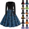 Women's Fashion V-Neck Casual Slim Halloween Printed Long Sleeve Dresses