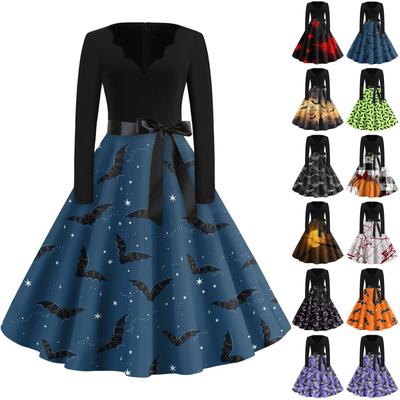 Женская мода с v-образным вырезом, повседневные тонкие платья с длинными рукавами и принтом на Хэллоуин