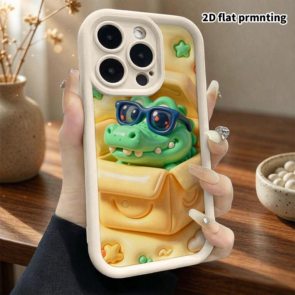 Phone Case: 2D flat design suitable for iPhone 18 17 16 15 14 13 Pro protective case, sunglasses little crocodile, perfect Christmas and Halloween hol