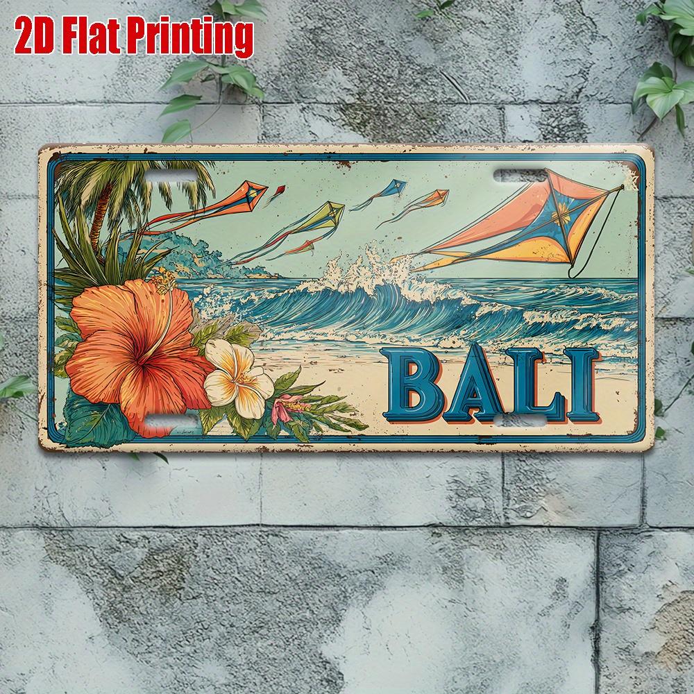 Printing, , Vintage Metal License Plate, Outdoor Wall Art , BALI Aluminum Sign with Tropical Surf and Kite Scene, Great for H