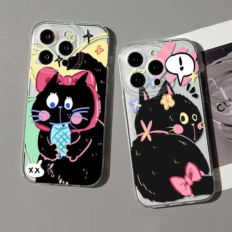 Cute Black Cat Strawberry Drink Clear Phone Case for iPhone 17 16 15 14 13 12 11 16E Series Pro Max Plus Double Layer Protection