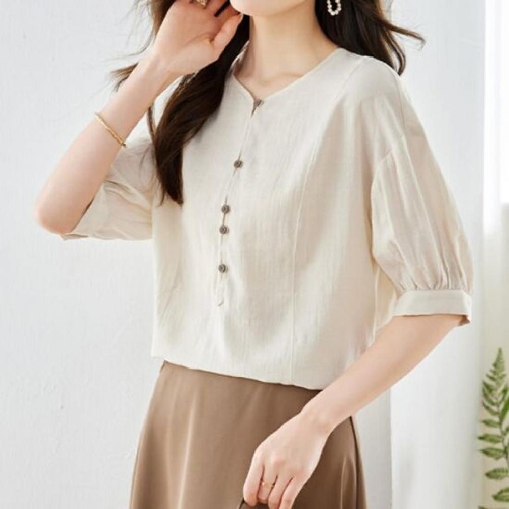 Navava Women S Retro Wood Button Puff Short Sleeve blouSe Nb3150