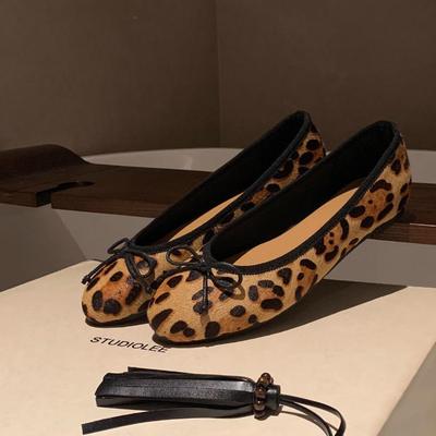 Версия из овчины~ кожаный французский бант леопардовый принт одинарная обувь женская осенняя новая плоские балетки с мелким вырезом туфли Мэри Джейн