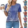 T Shirts For Women Pleated Round Neck Dressy Casual Blouses Printing Short Sleeve Summer Tops Loose Fit