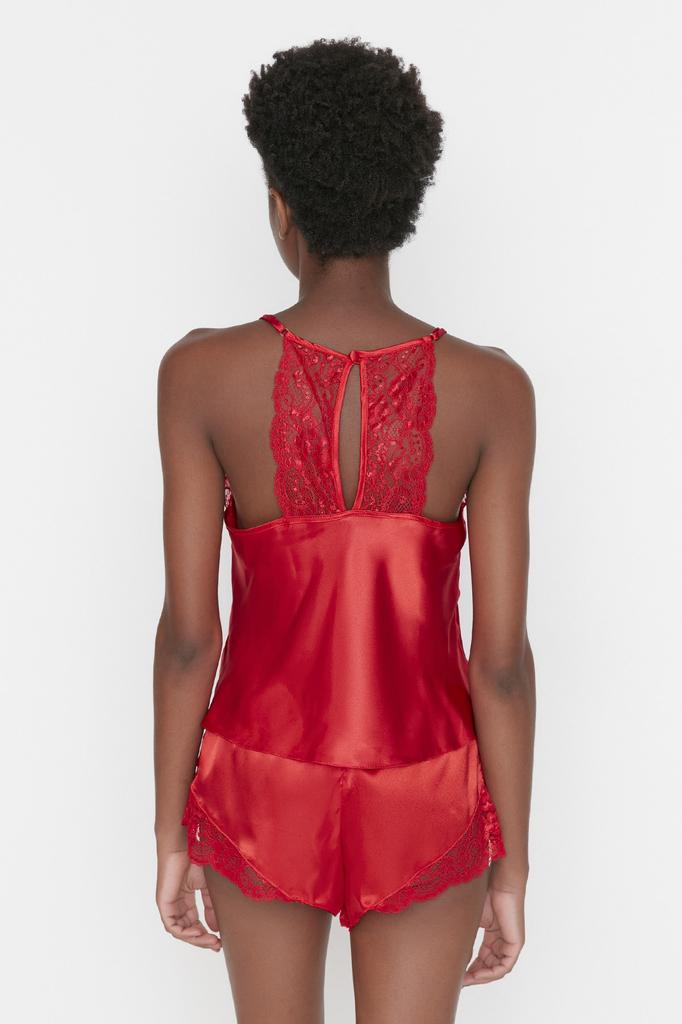 Women's Fashion New Pajama Set Green Lace Detailed Rope Strap Satin Woven Pajama Set