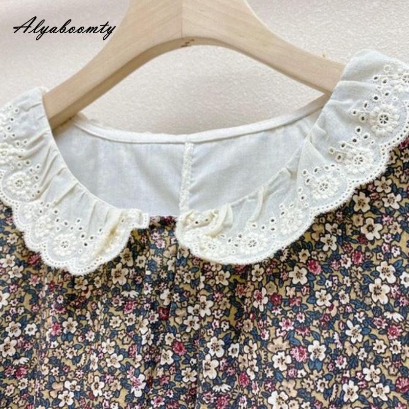 Японское летнее женское свободное платье Mori Girl с воротником Питера Пэна, лоскутное платье с вышивкой, ажурное платье из хлопка и льна, винтажное платье миди