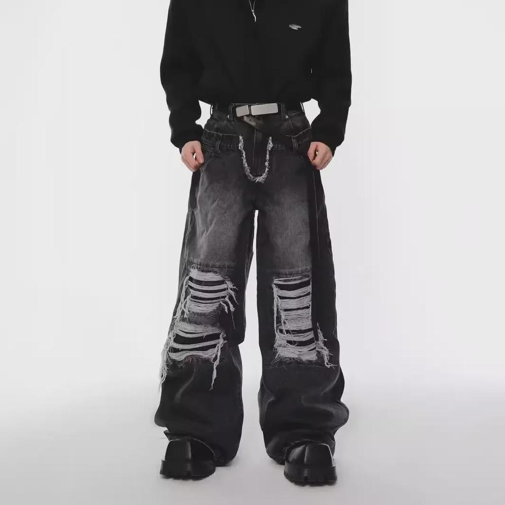 Мужские джинсы American Retro с двойной талией и рваными нашивками — прямые, свободные брюки