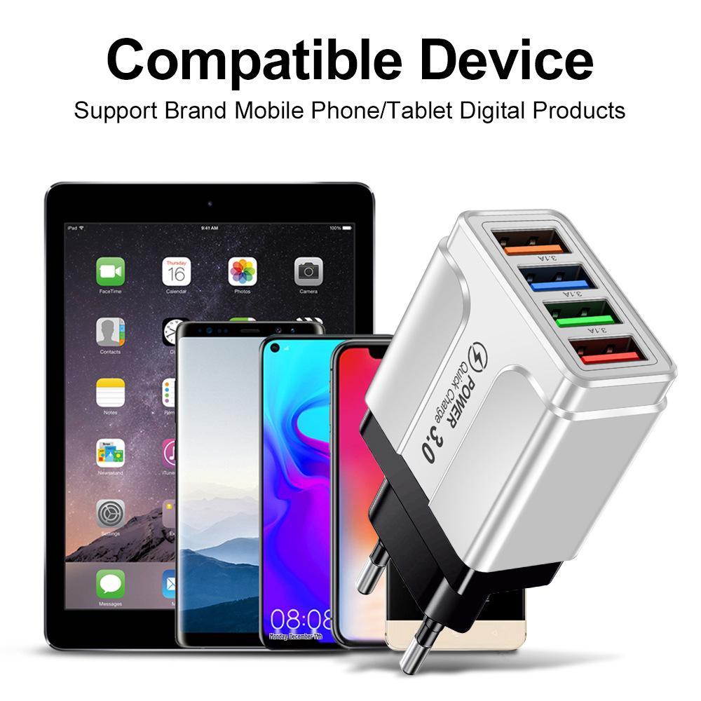 Цветное 4-портовое USB-зарядное устройство 3A для мобильных телефонов и планшетов, совместимое со стандартами ЕС, США, Великобритании и Австралии