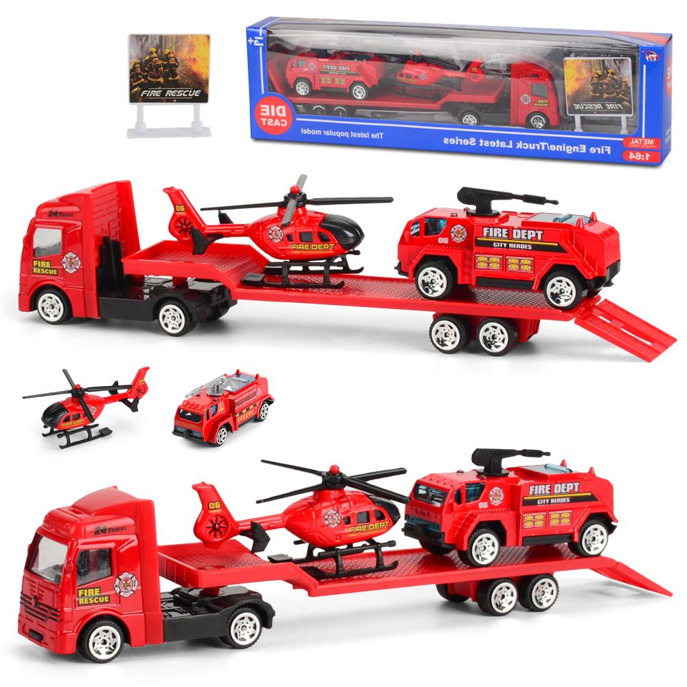 Mini Trailer Truck Toy, Alloy Plastic Construction Vehicle Truck Helicopter Models Gifts for Boys and Girls