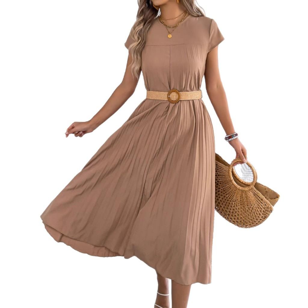 Европейский уличный стиль, короткий рукав, плиссированное платье с карманами для повседневной носки