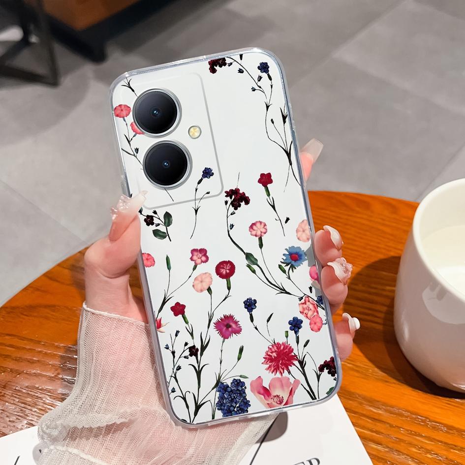 Back Cover For Vivo Y35 Plus V27 Y78 Pro Y02A Plus iQOO Neo8 Case Pretty Flower Pattern Clear Soft Silicone TPU Screen Protector Bumper For Vivo Capas