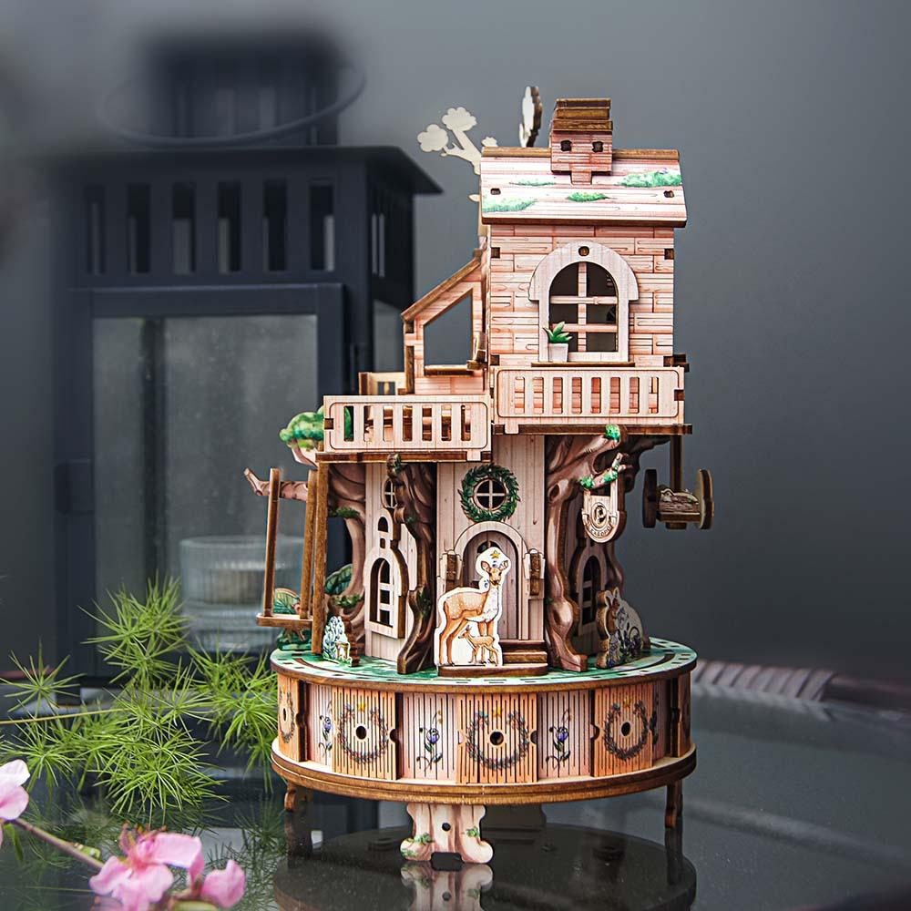 Сделай сам 3D деревянная головоломка Домик на дереве Музыкальная шкатулка Миниатюрные модели Наборы для сборки Пазлы для подарков на день рождения друзей