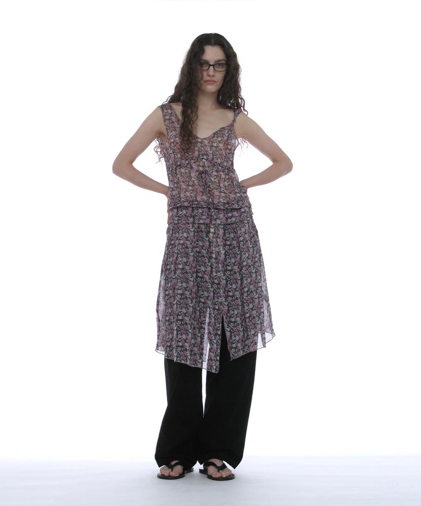Partimento Woman Floral Pleated Sheer Midi Dress_Black