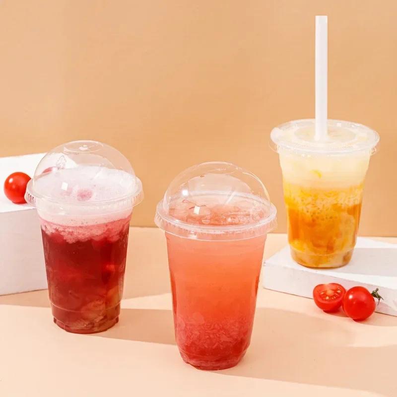 100Pcs Fruit Juice Milk Tea Drink Ice Cream Dessert Cups With Lid Cold Beverage Disposable Clear Plastic Iced Coffee Cups