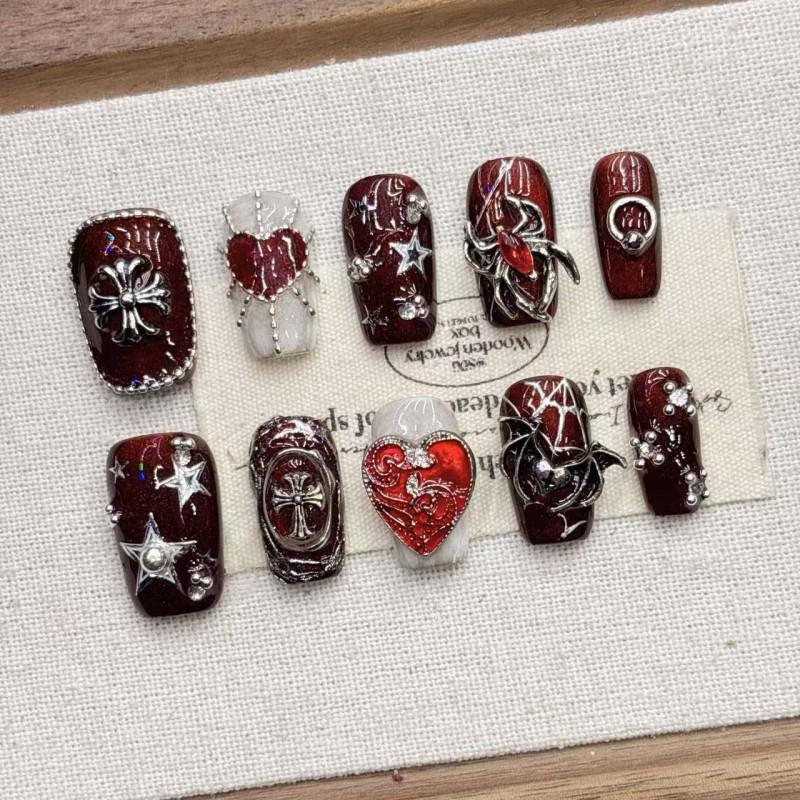 Handmade Gothic Dark Red Metal Embellished Nail Art Tips Women Teens - Cross Tulip Floral Leopard Star Design