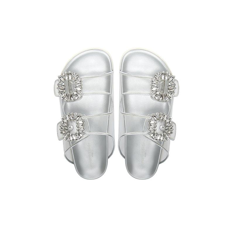 Second Hair! Su Yinyin's Same Shoes Square Buckle Rhinestone Leather Double Belt Casual Platform Slippers Women's Sandals Outside