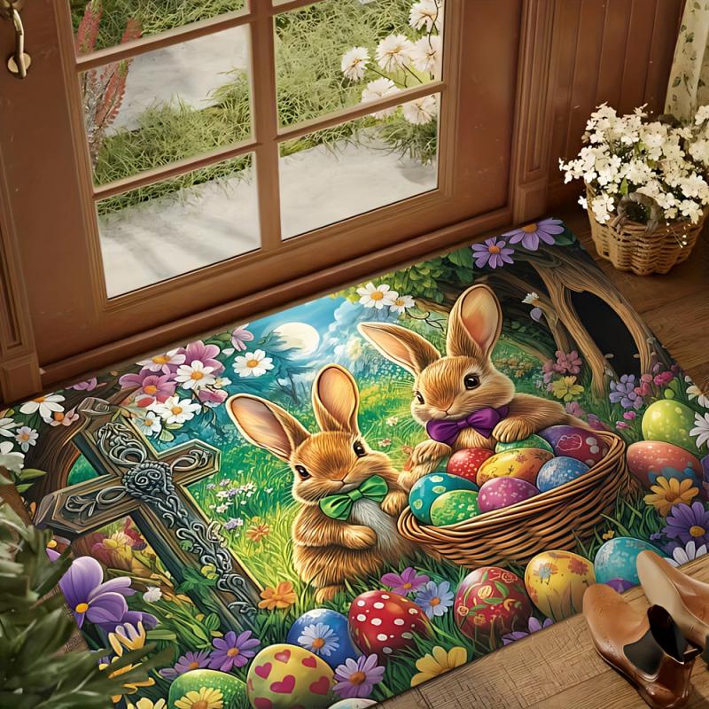 VIKAMA Forest Easter Rabbit Easter Egg Pattern Printed Door Mat For Holiday Decoration Home Entrance Door Mat Home Decor