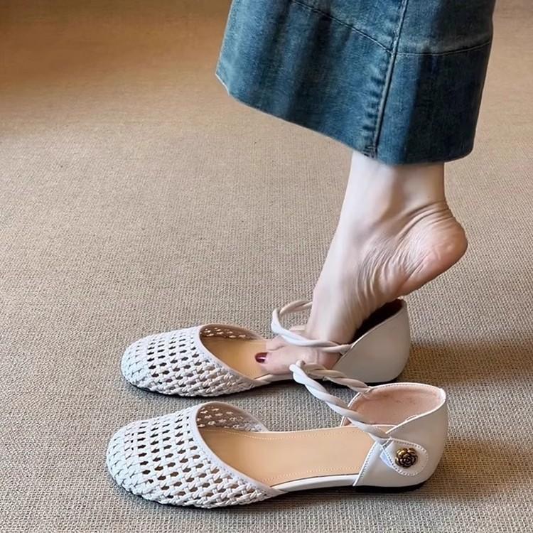 French Woven Hollow Design Sandals Women's Summer Wear 2025 New One-word with Camellia Bag and Flat Shoes