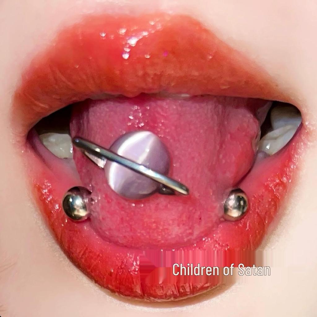 Satan's Child Titanium Cat's Eye Tongue Stud - Super Flash Tongue Piercing Ring