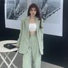 HOUZHOU Базовые костюмы женские винтажные элегантные офисные деловые корейские свободные зеленые брюки с высокой талией и широкими штанинами