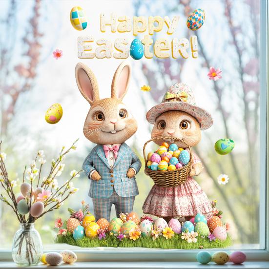 Пасхальная наклейка на окно Милый кролик Полевые цветы Яйца Бабочка Многоразовые двусторонние статические оконные наклейки для стеклянных дверей стен Детской комнаты Весна