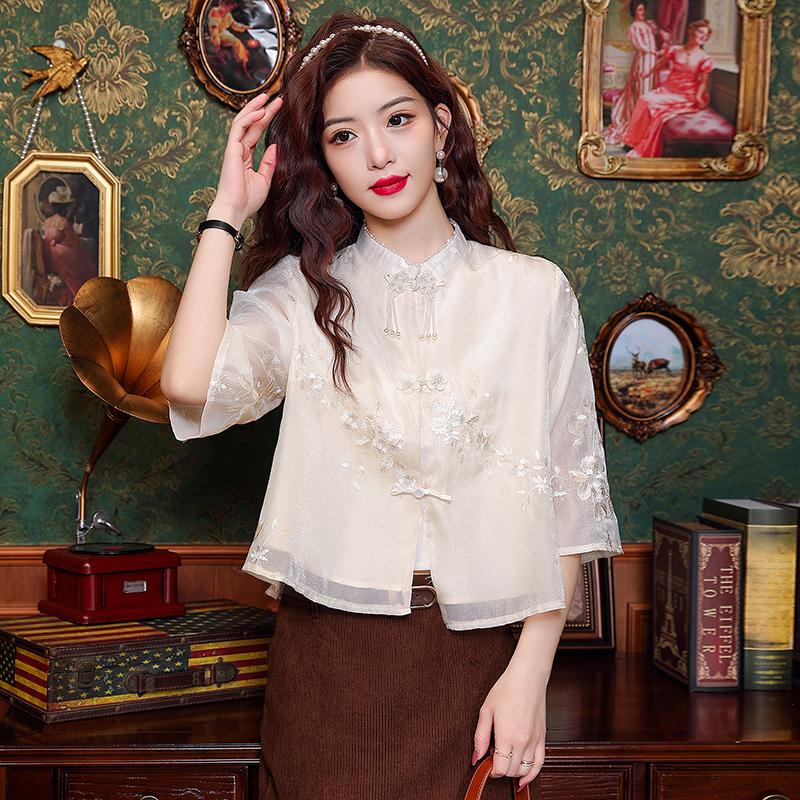 Spring Long Sleeve Mandarin Collar Embroidered Shirt for Women
