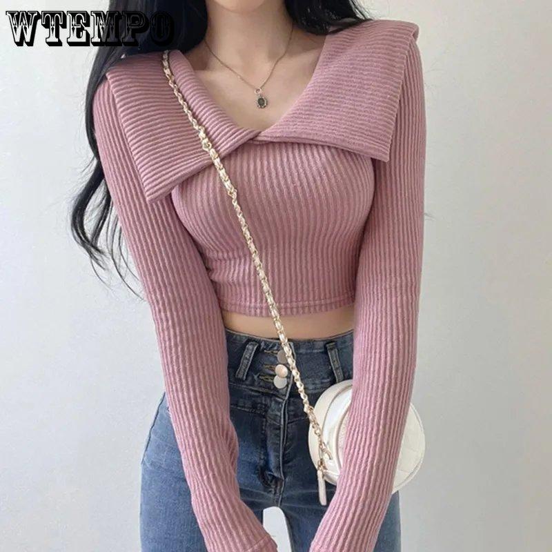 WTEMPO Однотонные трикотажные свитера с длинным рукавом для женщин, повседневные, тонкие, короткие, с V-образным вырезом, с высокой талией, универсальные трикотажные топы