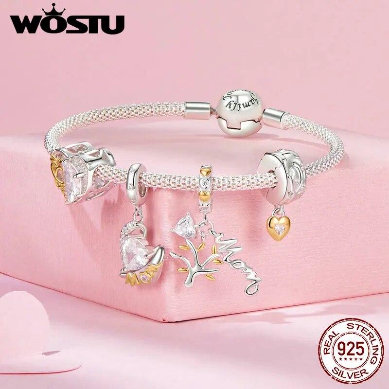 WOSTU 925 Sterling Silver Mother's Day Gold Charm Heart Wing Pendant Cross Tree Stopper Beads Fit Original Bracelet Guard Gift