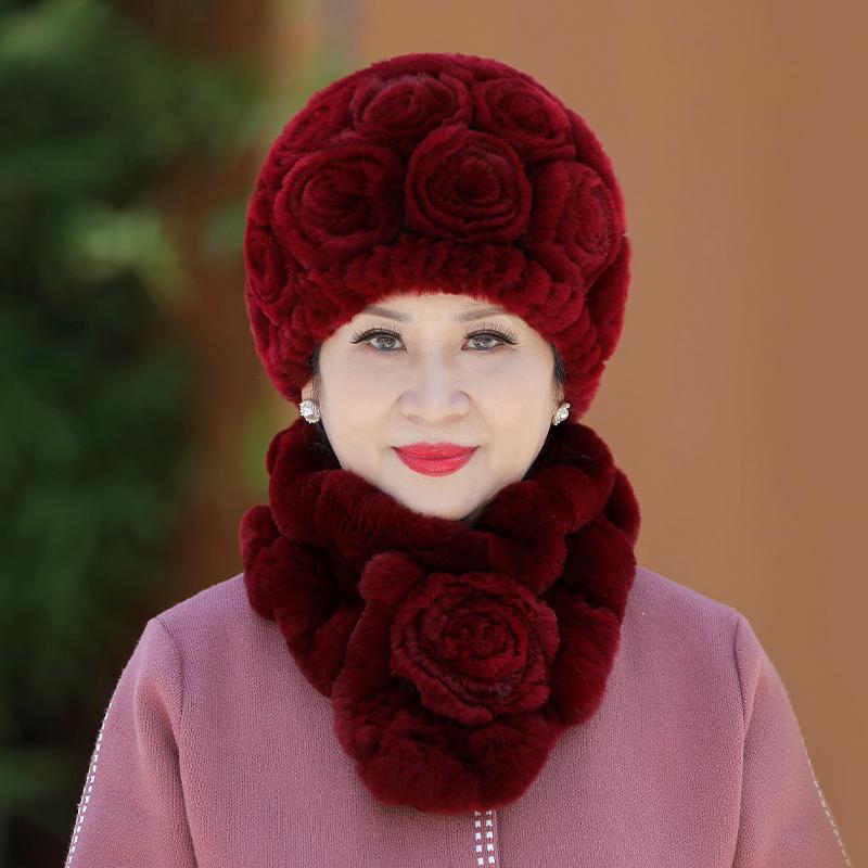 Вязаная шапка из меха кролика Рекс для женщин, зимняя, для пожилых бабушек, зимняя, утолщенная, теплая, для мам, для пожилых леди, меховая шапка