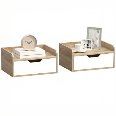 Set of 2 Wall-mounted Bedside Tables, Nightstands with Drawer and Tray with Raised Edges, 40x30x19.5cm, Natural Wood