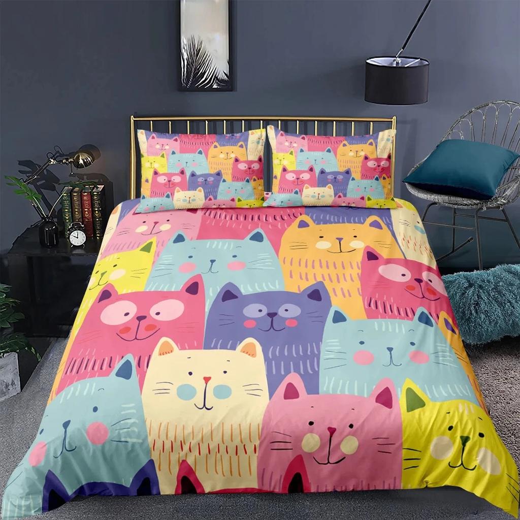 Cat Duvet Cover Polyester Pattern with Hipster Playful Feline Characters, Decorative 3 Piece Twin Bedding Set with 2 Pillow Sham