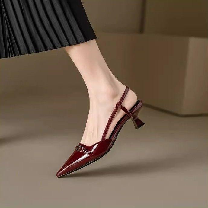 Ретро туфли-лодочки на тонком каблуке с открытой пяткой, бордовые, темпераментные, с острым носком, из лакированной кожи, на среднем каблуке, с закрытым носком, сандалии женские 2025 зима новые модели