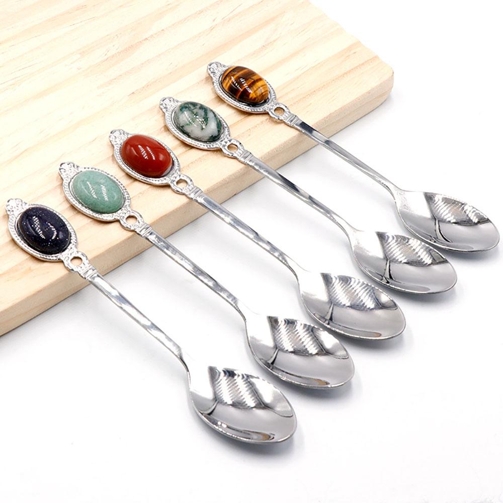 Natural Crystal Stone Stainless Steel Spoon Tea Coffee Dessert Spoons Healing Crystals Rose Quartz Gemstone Creative Home Decor