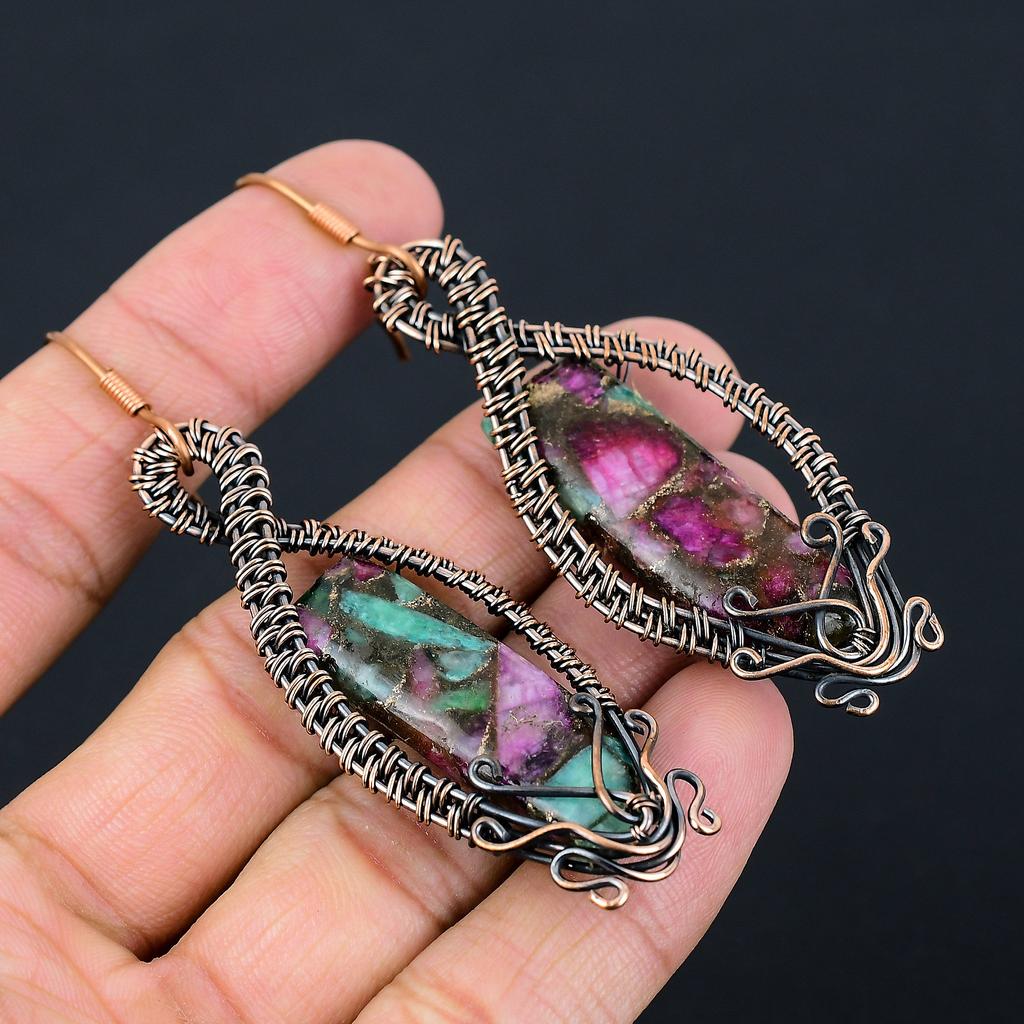 Ruby In Zoisite Handmade Copper Wire Wrap Jewelry Earring 3.23" L0b84