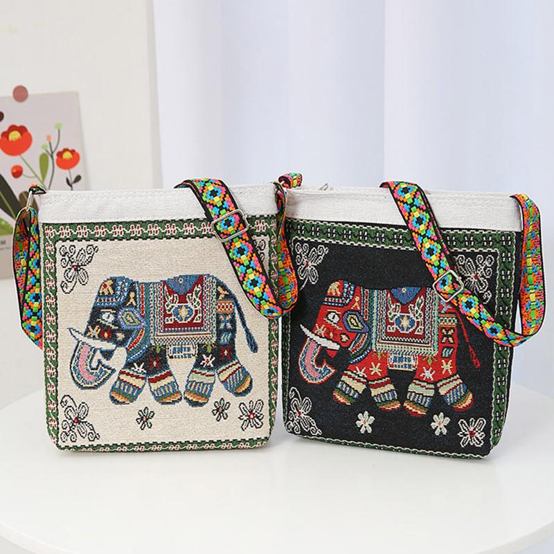 Yogodlns Холщовая сумка кроссбоди в этническом стиле с вышивкой слона для женщин и девушек